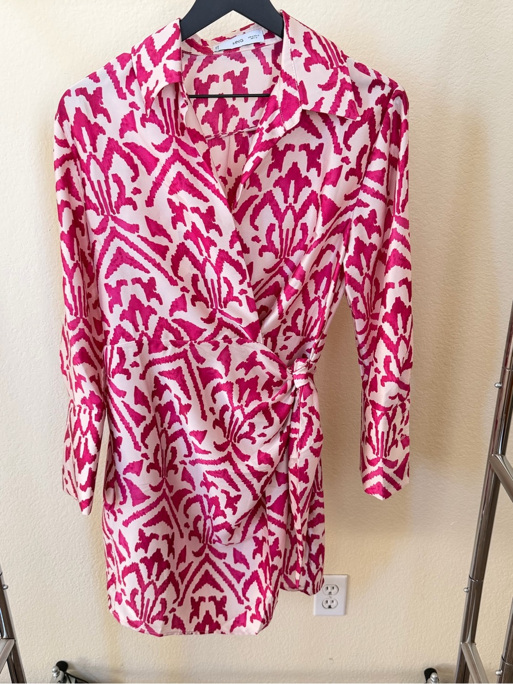 Mango Pink and Cream Wrap-Style Button Down Shirt Dress